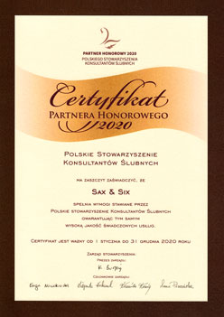Certyfikat Partnera Hoonorowego - Polskie Stowarzyszenie Konsultantów Ślubnych dla SaxAndSix 2020