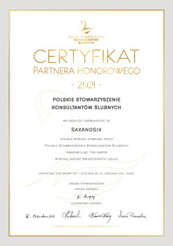 Certyfikat Partnera Hoonorowego - Polskie Stowarzyszenie Konsultantów Ślubnych dla SaxAndSix 2021