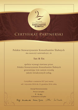 Certyfikat Partnera Hoonorowego - Polskie Stowarzyszenie Konsultantów Ślubnych dla SaxAndSix