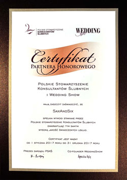 Certyfikat Partnera Hoonorowego - Polskie Stowarzyszenie Konsultantów Ślubnych dla SaxAndSix
